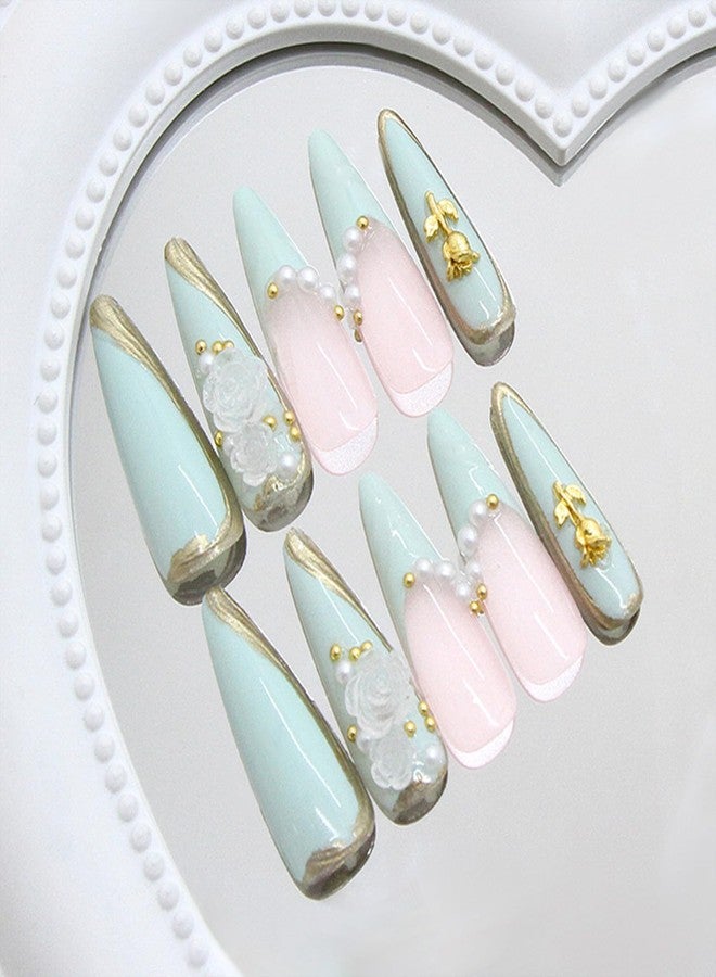 SINHOT Stiletto Press on Nails Long - Green Fake Nails Glossy Glue on Nails 3D Gold Rose Acrylic Nail Supplies White Pearls Almond Artificial Nail Art Stick on False Nail with Design DIY 24 pcs - Image 5
